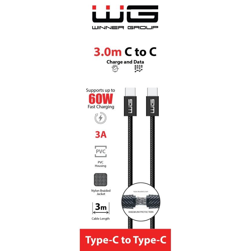 Winner Group - USB-kabel USB-C / USB-C 60W 3 m sort