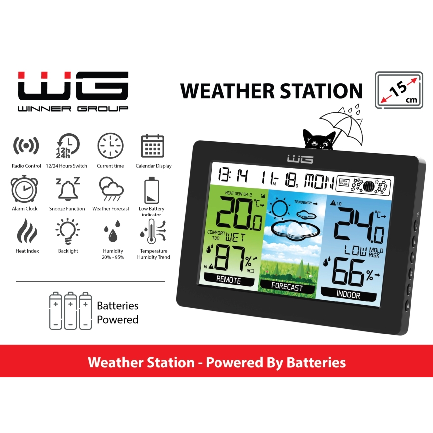 Winner Group - Vejrstation med LCD-display og vækkeur 5xAAA