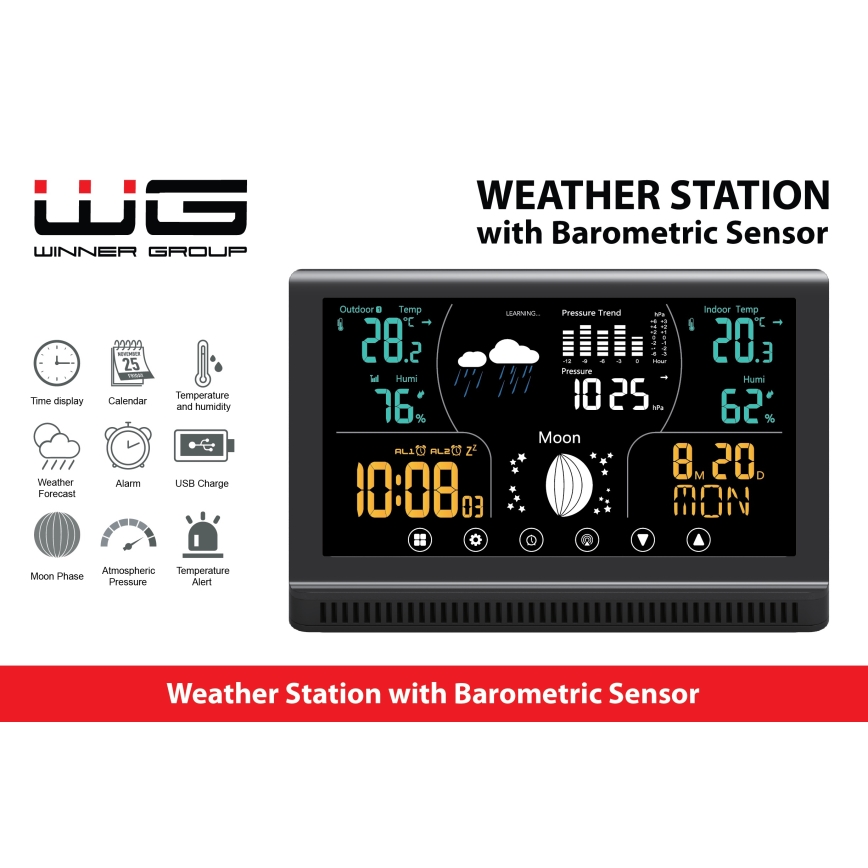 Winner Group - Vejrstation med LCD farvedisplay og vækkeur 5xAAA