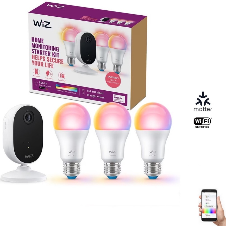 WiZ- Overvågningssæt til hjemmet: 1x kamera+ 3x LED RGB lyspære 8,5W/230V Wi-Fi