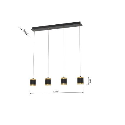 Wofi 7003-404 - LED dæmpbar pendel på wire TOULOUSE 4xLED/8,5W/230V sort/guld