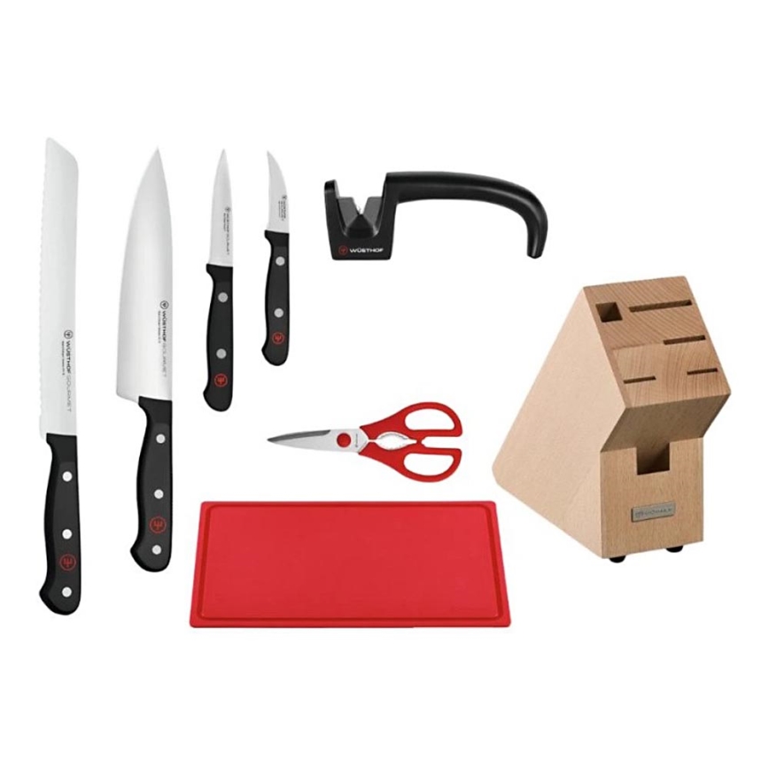 Wüsthof - 8-delers sæt køkkenknive i GOURMET-knivblok med slibestål og skærebræt