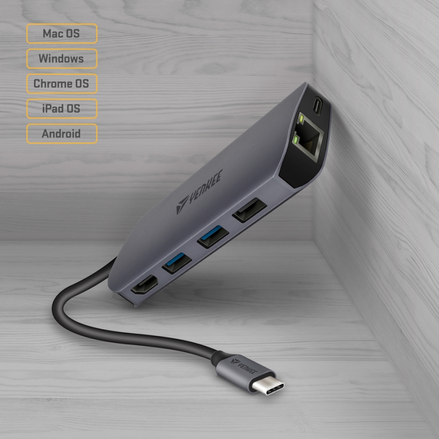 Yenkee - Adapter med flere porte 8-i-1 USB type C