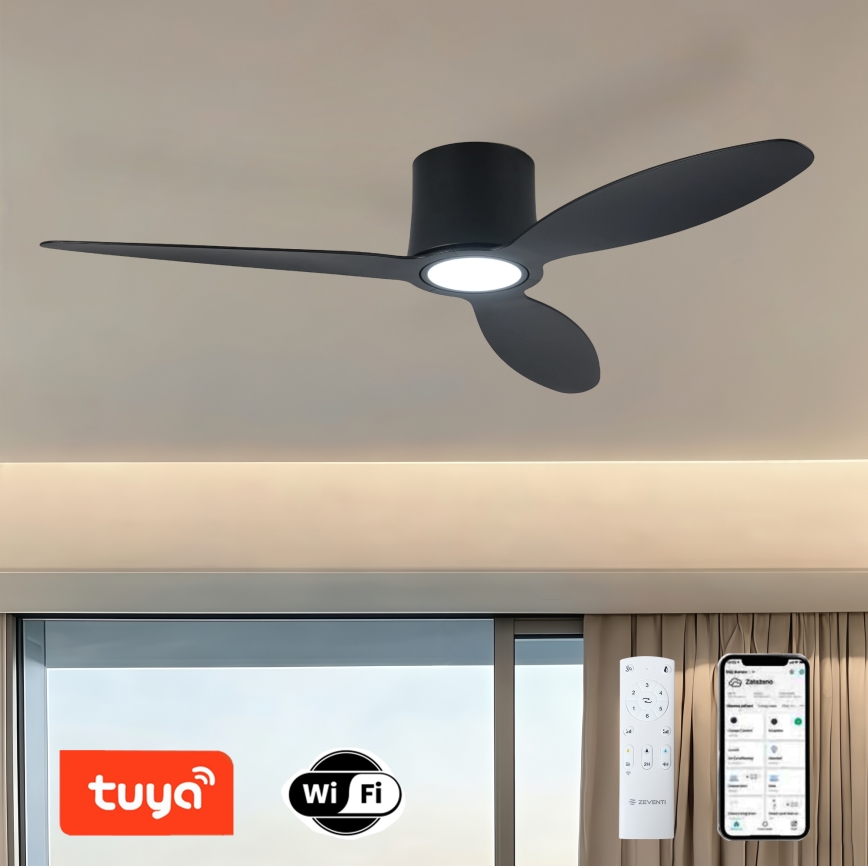 ZEVENTI - LED-dæmpbar loftventilator VENTORA LED/24W/230V 3000/4000/6000K Wi-Fi Tuya sort + fjernbetjening