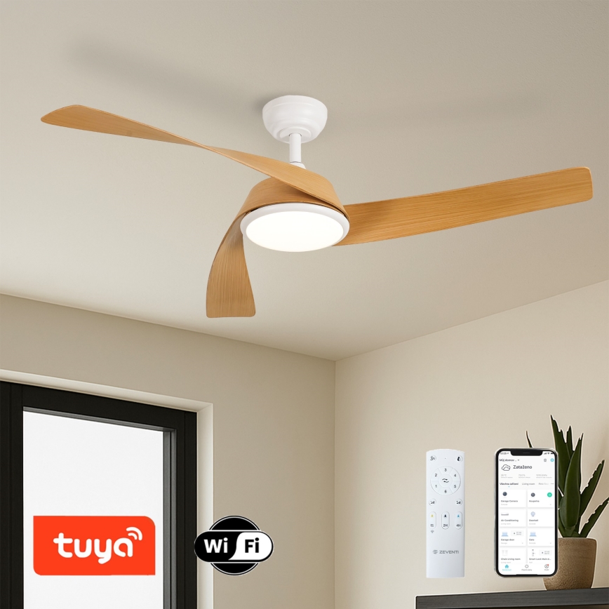 ZEVENTI - LED-dæmpbar loftventilator AERYS LED/24W/230V 3000/4000/6000K Wi-Fi Tuya hvid/eg + fjernbetjening