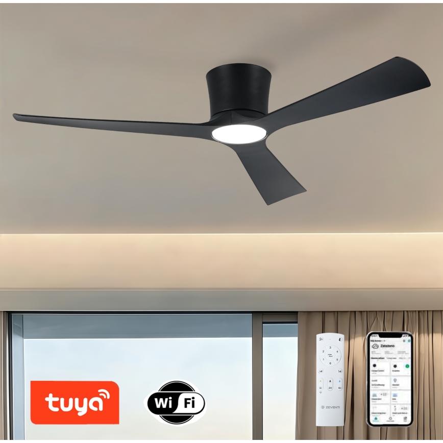 ZEVENTI - LED-dæmpbar loftventilator AUREX LED/24W/230V 3000/4000/6000K Wi-Fi Tuya sort + fjernbetjening