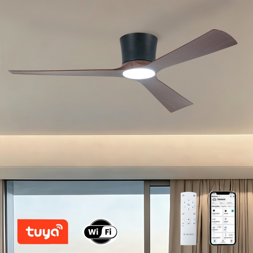 ZEVENTI - LED-dæmpbar loftventilator AUREX LED/24W/230V 3000/4000/6000K Wi-Fi Tuya sort/valnød + fjernbetjening