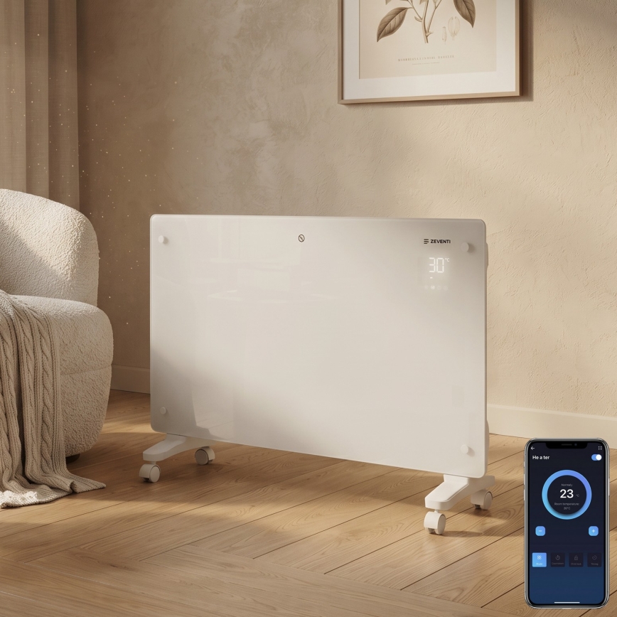 ZEVENTI - Smart vægmonteret elektrisk elvarmer/konvektor med LCD-display 1000/2000W/230V Wi‑Fi hvid