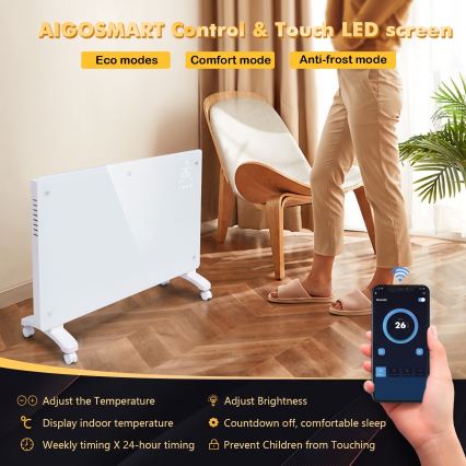 ZEVENTI - Smart vægmonteret elektrisk elvarmer/konvektor med LCD-display 1000/2000W/230V Wi‑Fi hvid