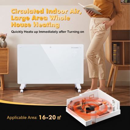 ZEVENTI - Smart vægmonteret elektrisk elvarmer/konvektor med LCD-display 1000/2000W/230V Wi‑Fi hvid