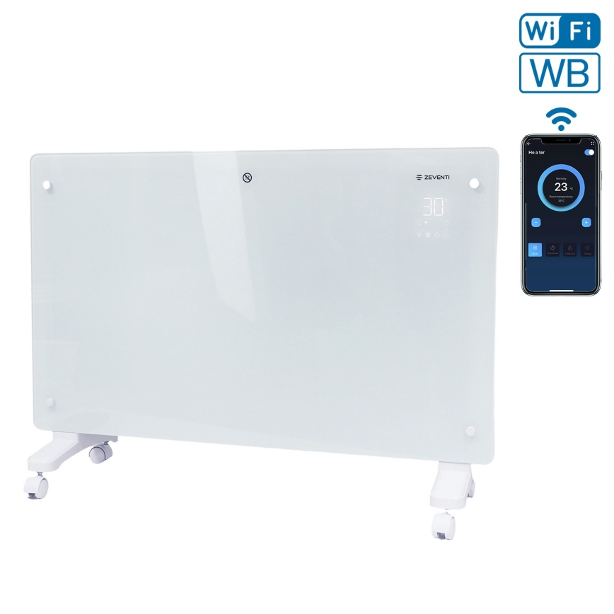 ZEVENTI - Smart vægmonteret elektrisk elvarmer/konvektor med LCD-display 1000/2000W/230V Wi‑Fi hvid