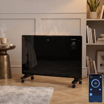 ZEVENTI - Smart vægmonteret elektrisk panelovn/konvektor med LCD-display 1000/2000W/230V Wi-Fi sort
