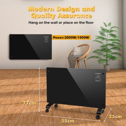 ZEVENTI - Smart vægmonteret elektrisk panelovn/konvektor med LCD-display 1000/2000W/230V Wi-Fi sort
