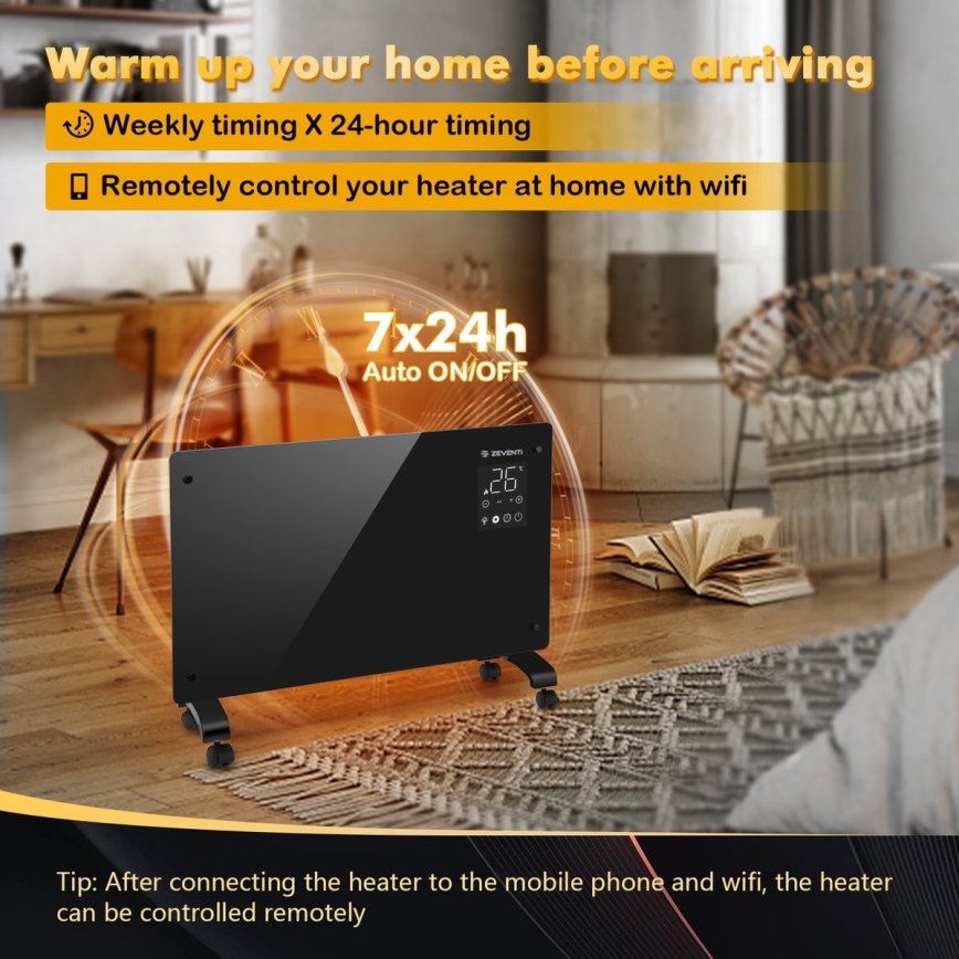 ZEVENTI - Smart vægmonteret elektrisk panelovn/konvektor med LCD-display 1000/2000W/230V Wi-Fi sort