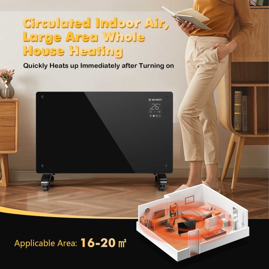 ZEVENTI - Smart vægmonteret elektrisk panelovn/konvektor med LCD-display 1000/2000W/230V Wi-Fi sort