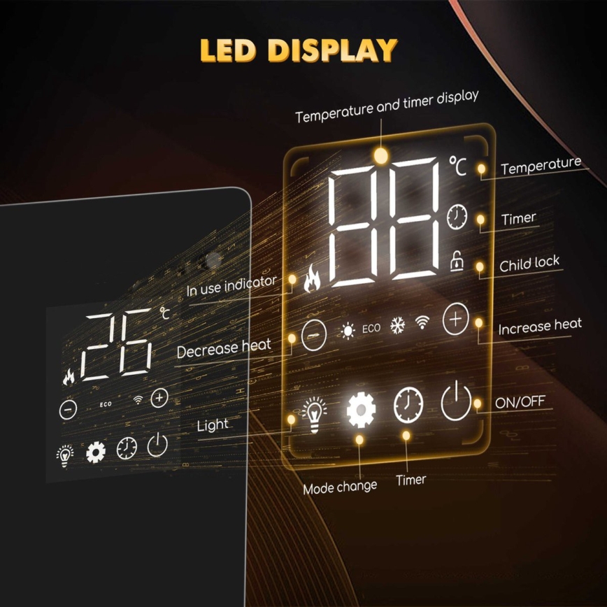 ZEVENTI - Smart vægmonteret elektrisk panelovn/konvektor med LCD-display 1000/2000W/230V Wi-Fi sort