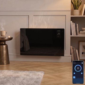 ZEVENTI - Smart vægmonteret elektrisk varmeovn/konvektor med LCD-display 1000/2000W/230V Wi-Fi sort