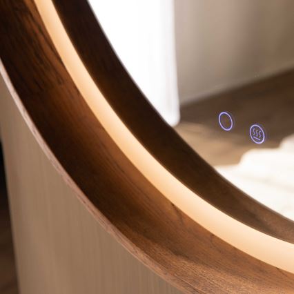 Zuma Line - LED opvarmet vægmonteret badeværelsesspejl med bagbelysning, 36 W, 230 V, 3000/4000/6000 K, Ø 80 cm, IP44, eg