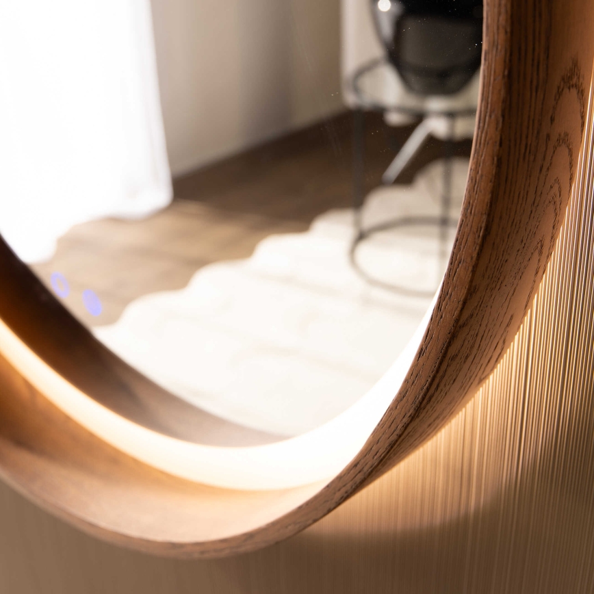 Zuma Line - LED opvarmet vægmonteret badeværelsesspejl med bagbelysning, 36 W, 230 V, 3000/4000/6000 K, Ø 80 cm, IP44, eg