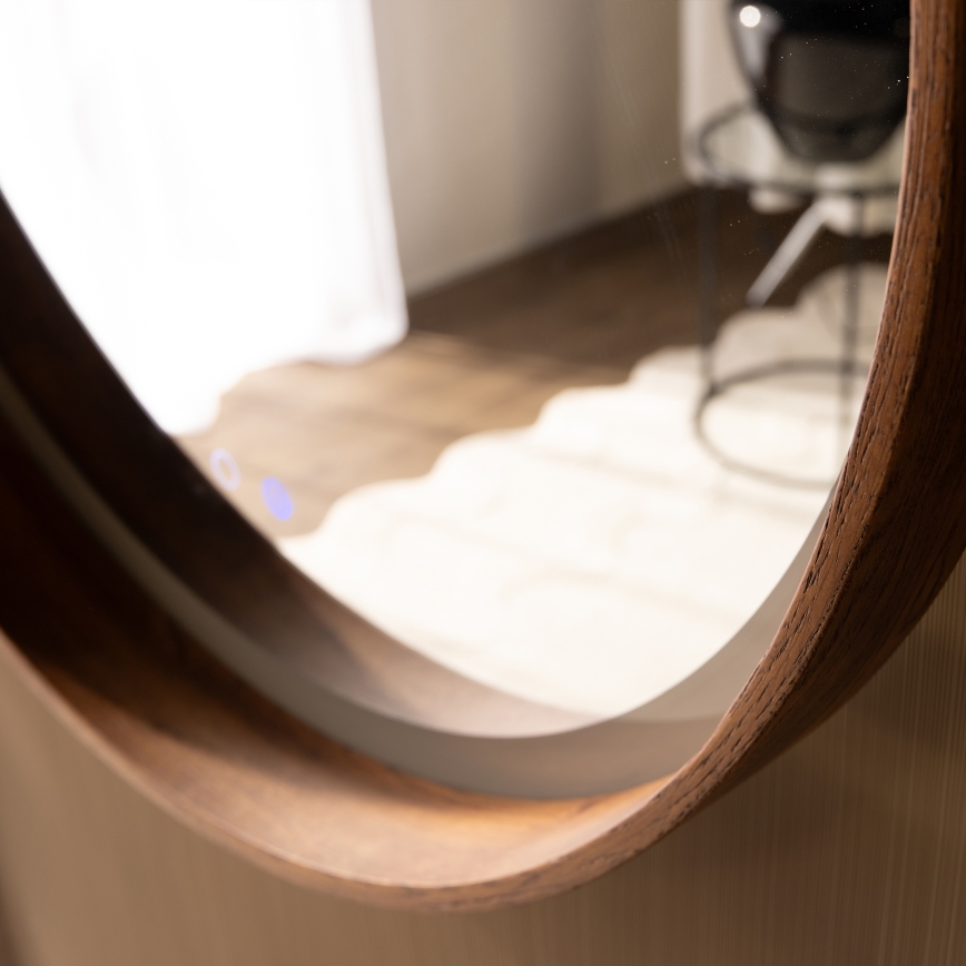 Zuma Line - LED opvarmet vægmonteret badeværelsesspejl med bagbelysning, 36 W, 230 V, 3000/4000/6000 K, Ø 80 cm, IP44, eg